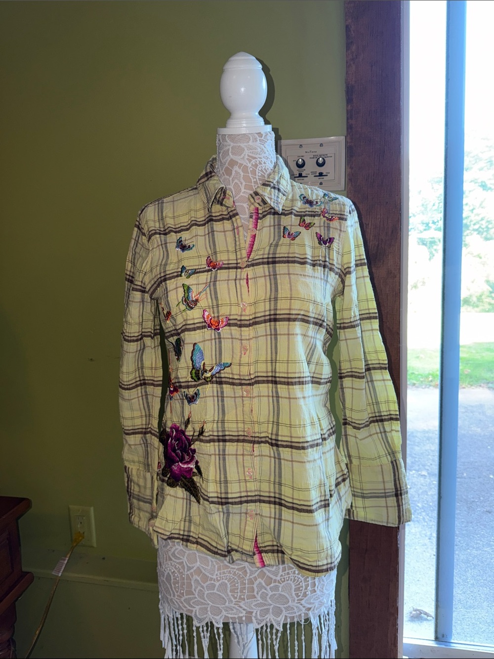 Johnny Was Yellow Plaid Button-Down Shirt with Embroidered Butterflies & Rose